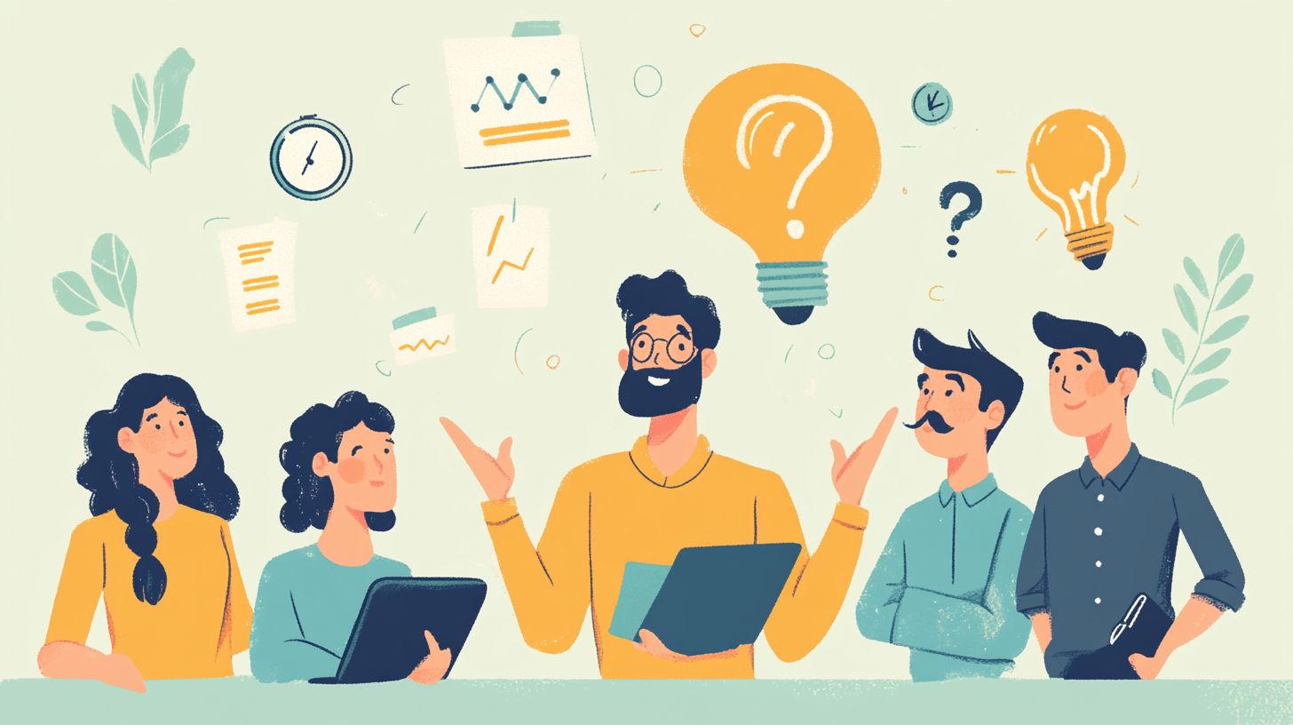 親しみやすいメンターが数人のサイドハッスルブロガーを導くイラスト、温かい色調で相談に答える雰囲気
