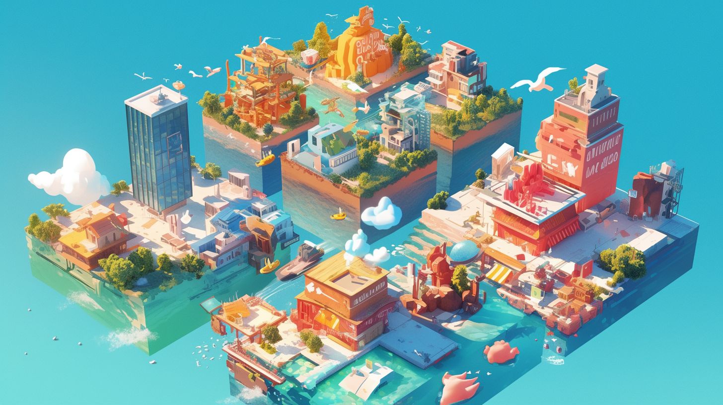 プラットフォーム比較のイメージ。島や塔が並ぶ空撮風イラストで、カスタマイズ性の高い塔やクリエイターパビリオンなどが描かれている。