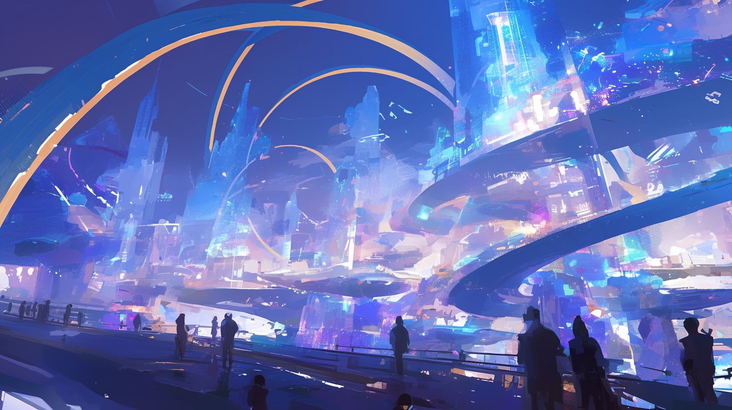 2025年の未来的マーケットを表すイメージ。半透明の上昇バーと成長曲線、前景に光るクリエイターブースがソーシャルトラフィックの流れにつながる構図。